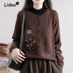 Women Vintage Floral Embroidery Simple Chic Single Breasted Knitted Cardigan Female Casual O Neck Long Sleeve Loose Sweater Coat