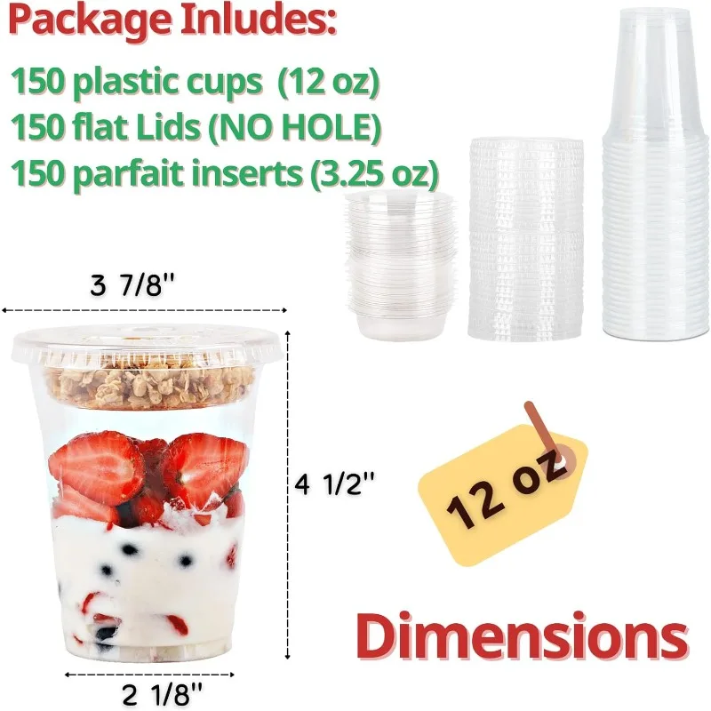 Clear Parfait Cups with Insert 3.25oz & Flat Lids No Hole, Yogurt Fruit Parfait Cups for Kids, for Dips and Veggies