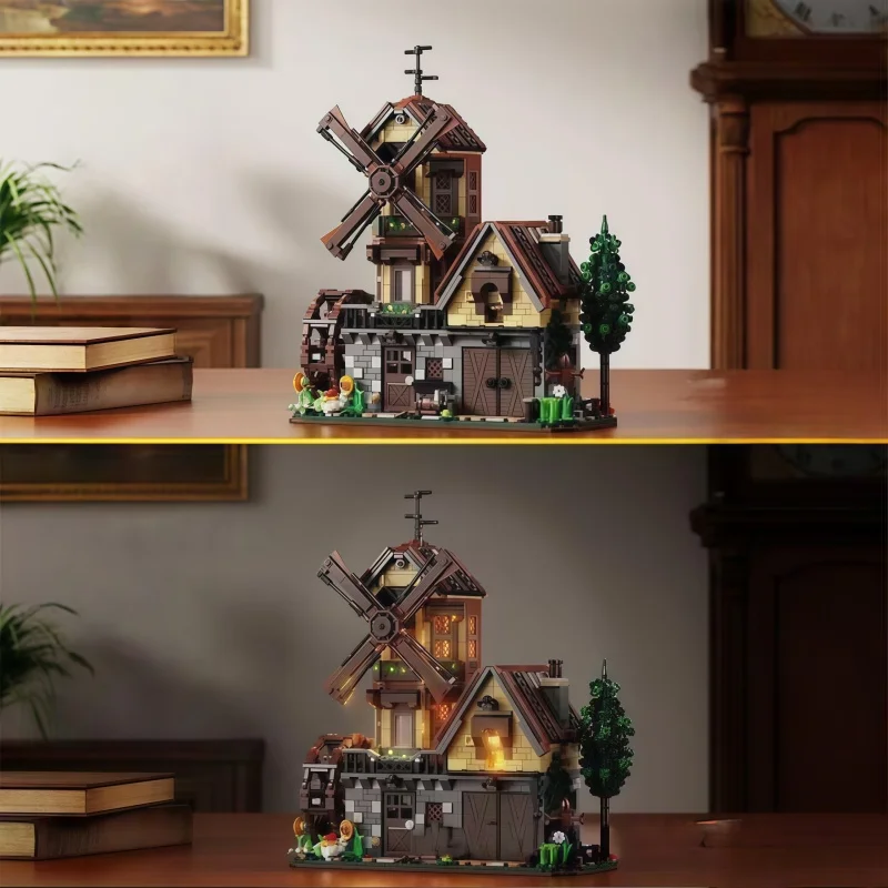 European Style Windmill Cottage Building Blocks Set, Vintage Farm House with Water Wheel, Detailed Interior Bricks for Adults &