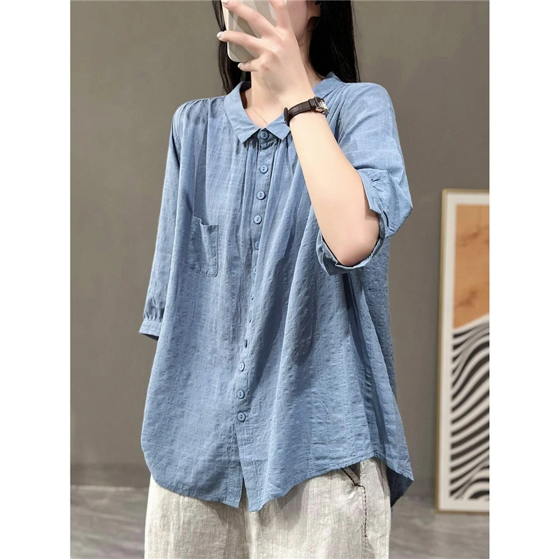 Women\'s Clothing Simple Polo Collar Oversized Vintage Cotton Linen Single Breasted Shirt Summer Casual Solid Half Sleeve Blouses