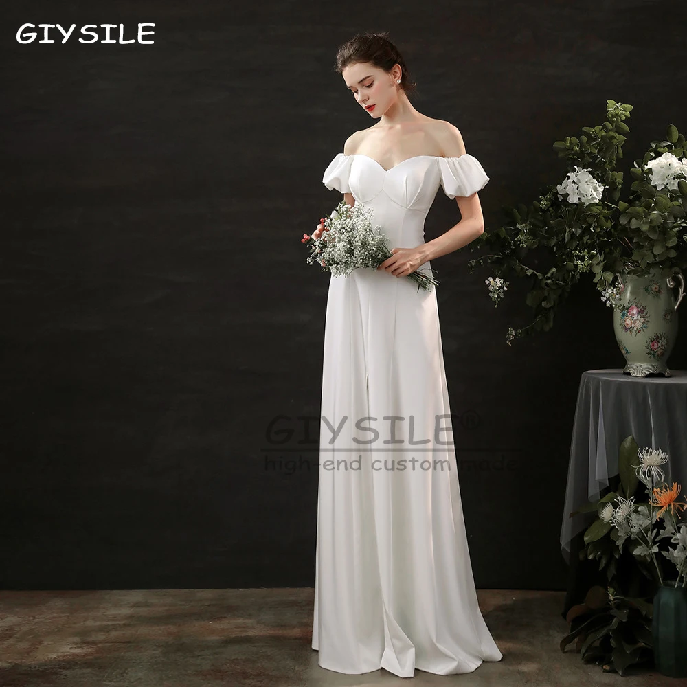 GIYSILE فساتين زفاف خفيفة بسيطة على الطراز الفرنسي مخصصة للعروس بكتف واحد وأكمام فقاعية من الساتان على شكل حرف A فستان أبيض