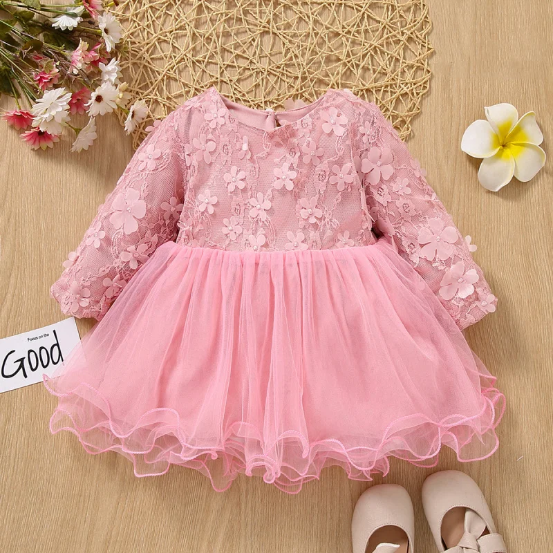

Spring and Autumn Girls' Dress Fashion Children's Clothing Long Sleeve Baby Toddler Petal Mesh Patchwork Girls' Formal Dress