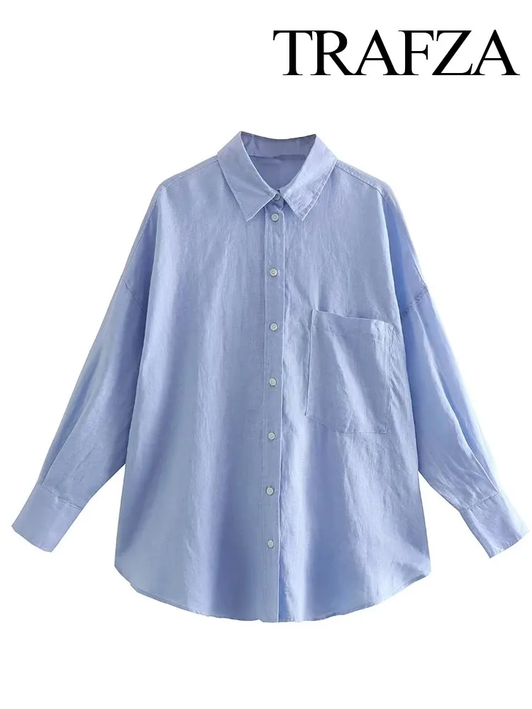 TRAFZA Women Vintage Office Ladies With Pocket Oversized Linen Shirts Fashion Long Sleeve Button-up Female Blouses Blusas Tops