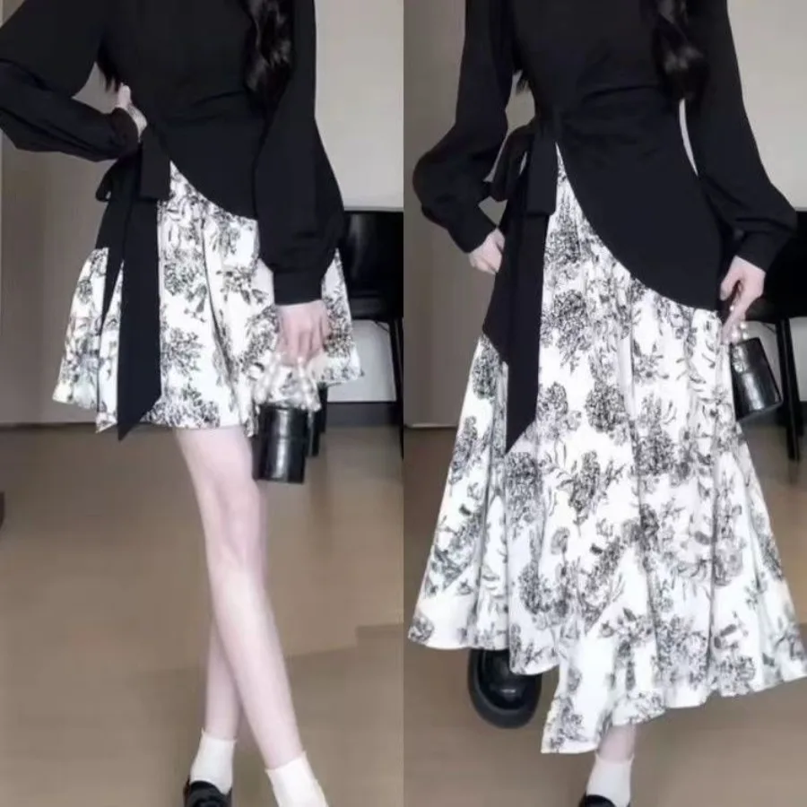 

【New style】Large size women's clothing autumn new style ink flower splicing long-sleeved dress design waist waist to show slimm