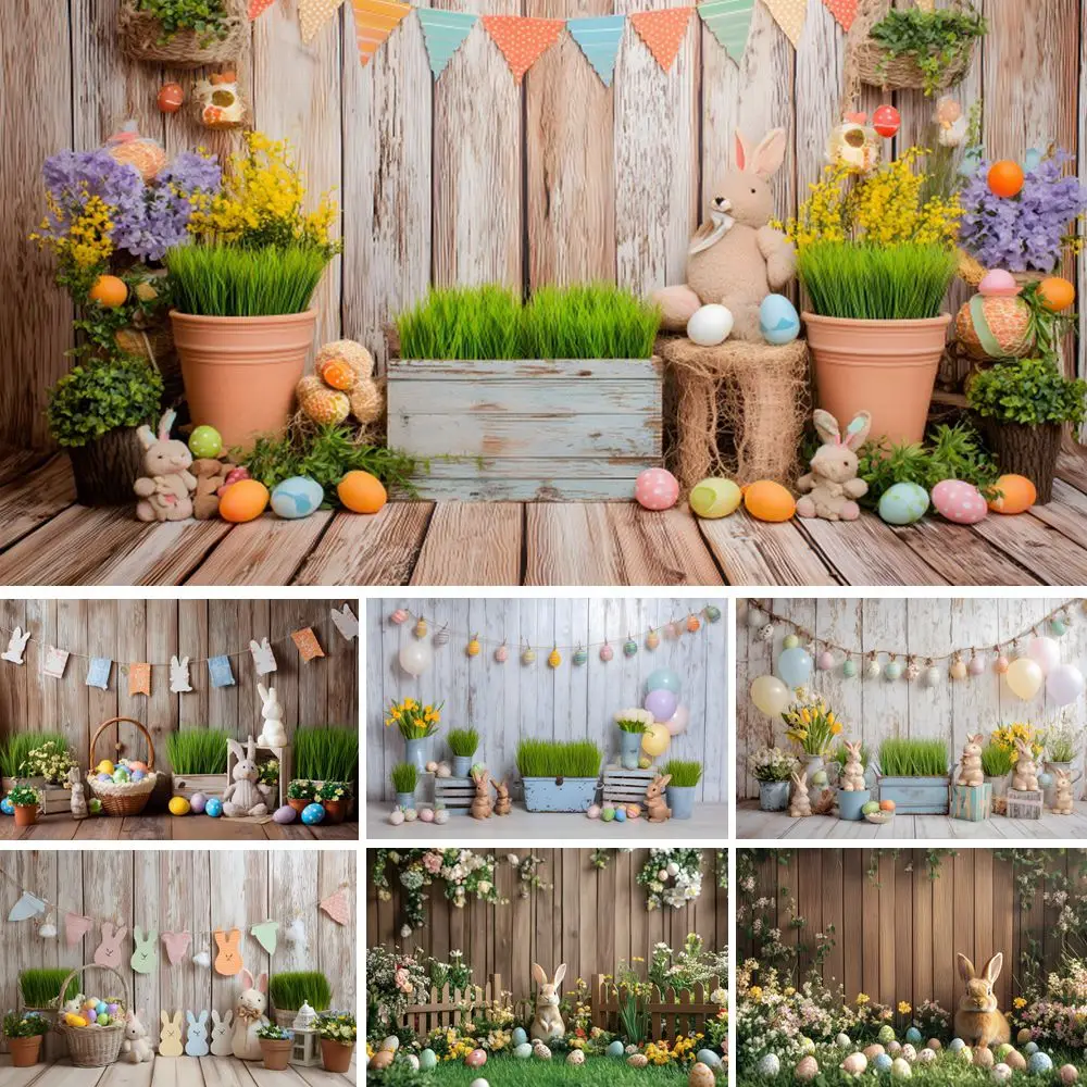 Spring Easter Wood Wall Floor Backdrop Rabbits Colorful Eggs Easter Party Interior Baby Kids Portrait Photography Background