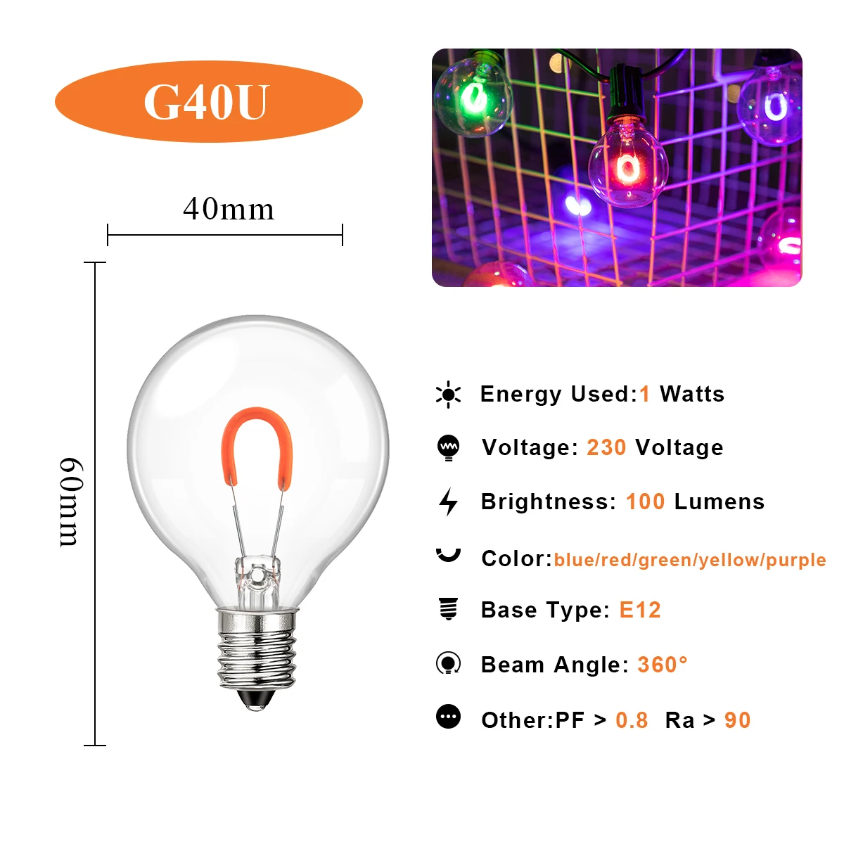 G40 RGB Led Filament Bulb 1W Globe Ball Lamp String Light Multicolor Replacement Bulb E12 Base 220V Glass Mini Decoration Lights