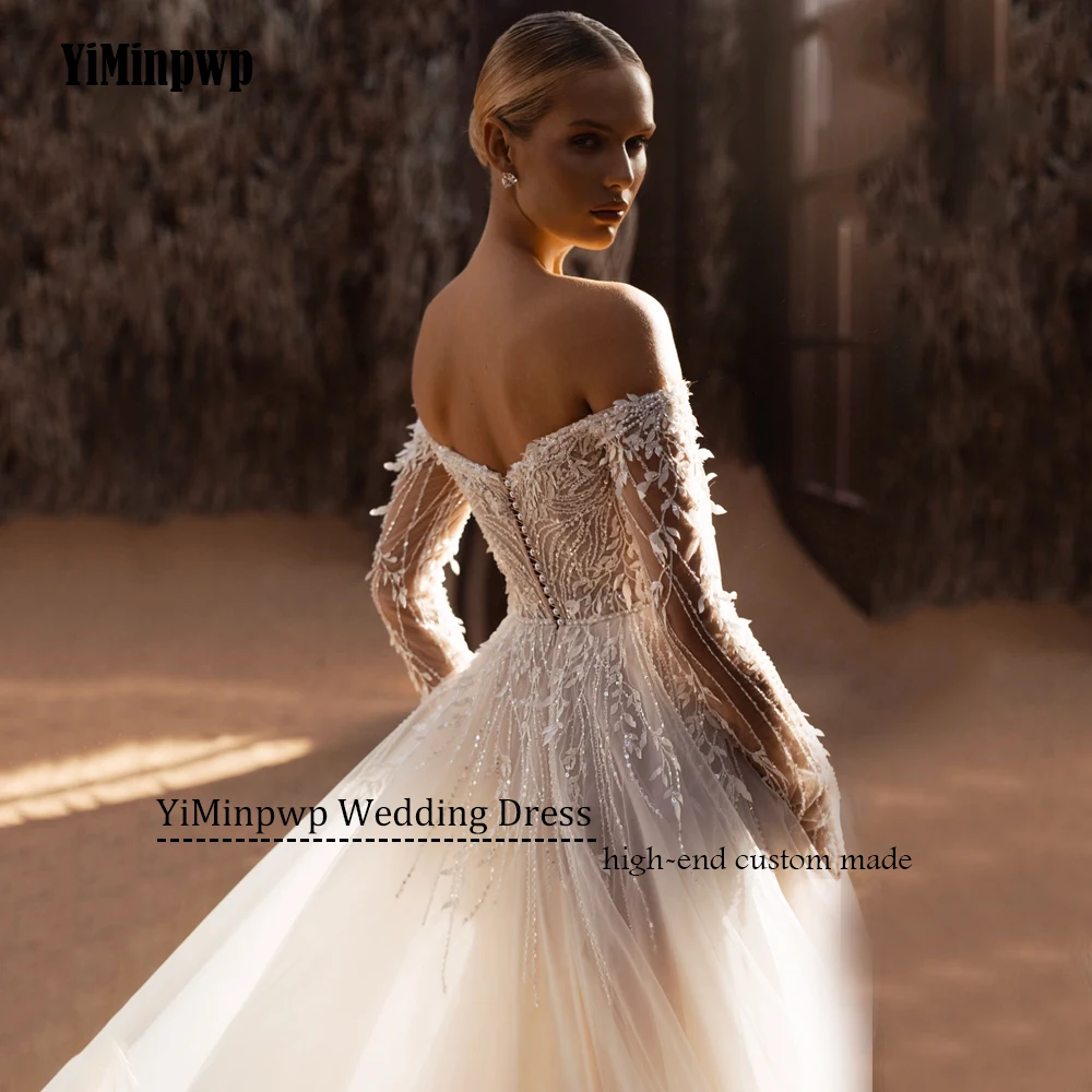 패션 웨딩 드레스 아플리케 오프 숄더 구슬 장식 풀 슬리브 a 라인 럭셔리 신부 드레스 스윕 기차 맞춤형