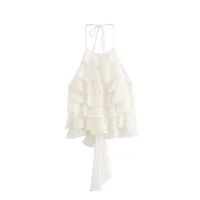 Top corto con cuello halter y volantes en capas para mujer, traje de playa sexy y cómodo para vacaciones de verano