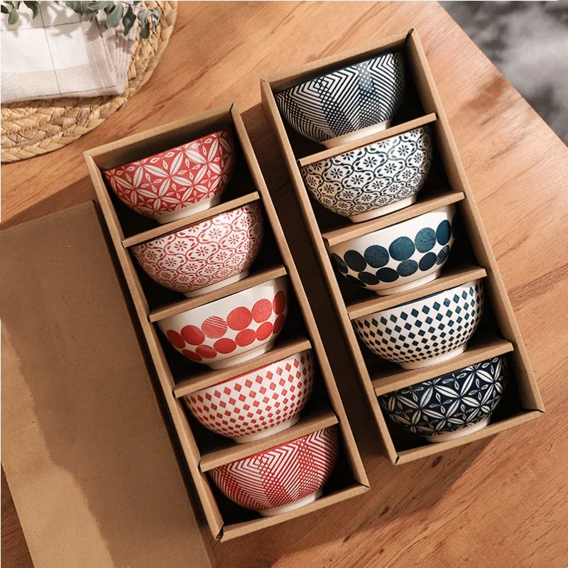 4.5 Inch Japanese Ceramic Bowl, Kitchen Utensils, Soup Bowl, Printed Pattern Gift Box, 5 Pieces Ceramic Bowl Set Ramen Bowl