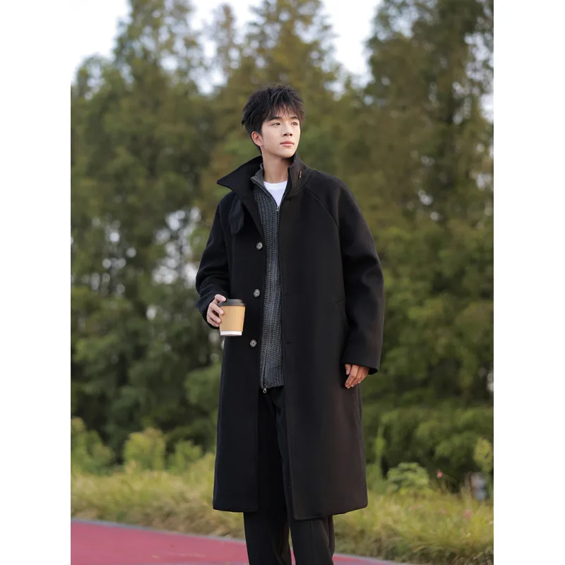 2025 winter wool overcoat men stand collar Medium length coat windproof warm fashion looseImitation woolen fabric coat