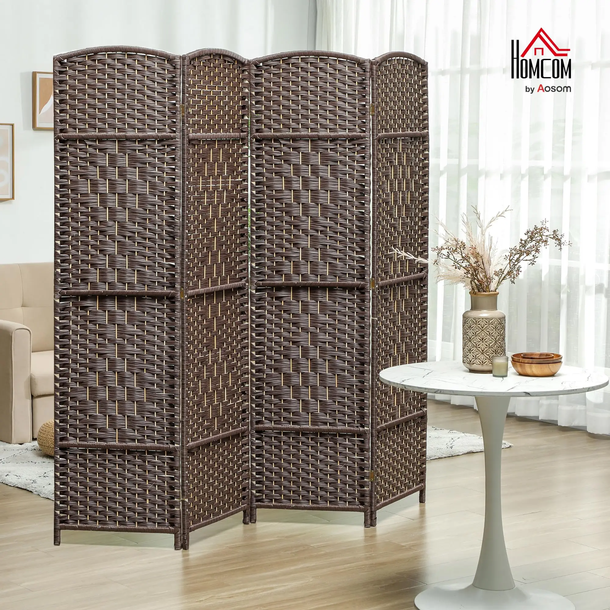 4 Panel Room Divider 6 Ft Privacy Screen Hand-Woven Brown