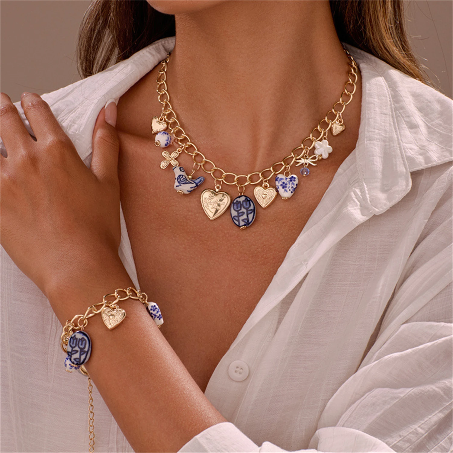 

WAKA Boho Blue White Ceramic Charm Necklace Bracelet Set for Women Vintage Heart Pendant Jewelry Set Fashion Party Accessories