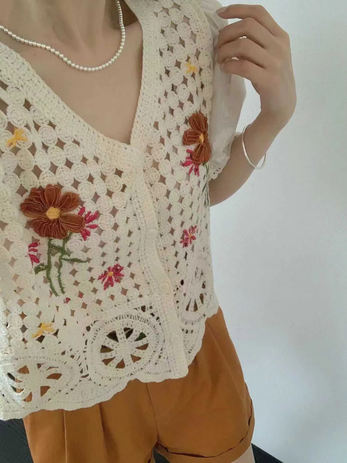 Crochet Knit Top Women Half Sleeve V-Neck Button Down Embroidery Floral Blouse Cardigan Summer Fairycore Cottagecore Outfit