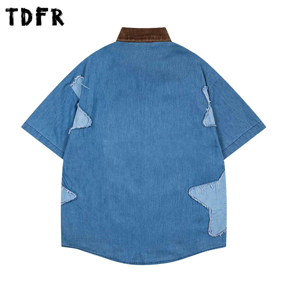 Patchwork Star Denim Short Sleeve Shirts Mens Embroidery Summer Retro Casual Single Breasted Lapel Half-Sleeve Curved Hem Shirts