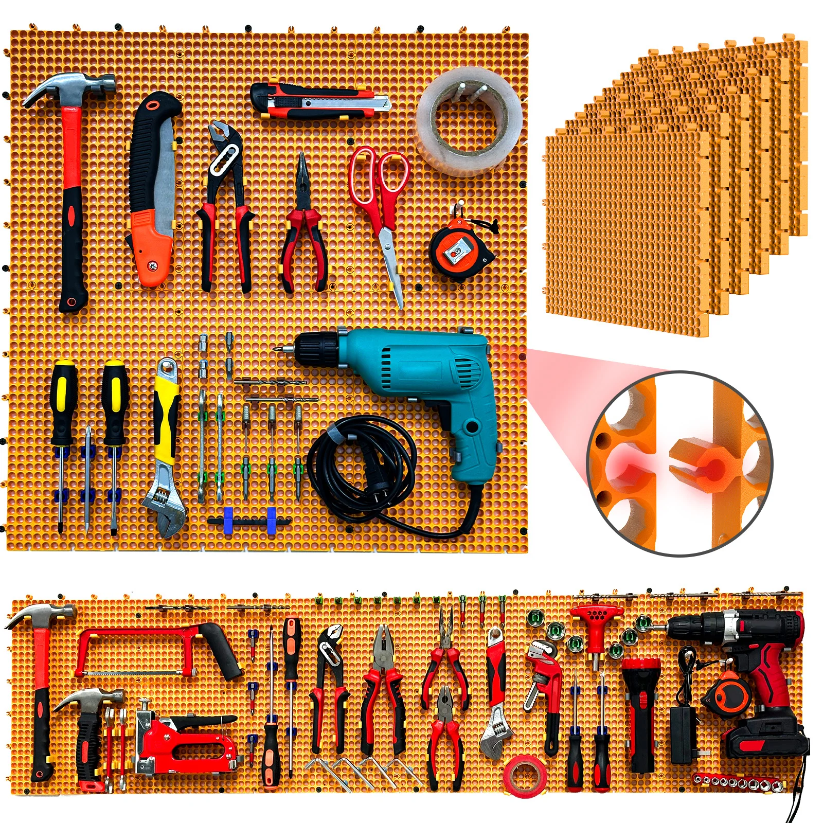 6 pcs yellow plastic peg board set 200 accessories, rust-proof, non-sagging,  Garage Peg Board Wall Pegboard Organizer