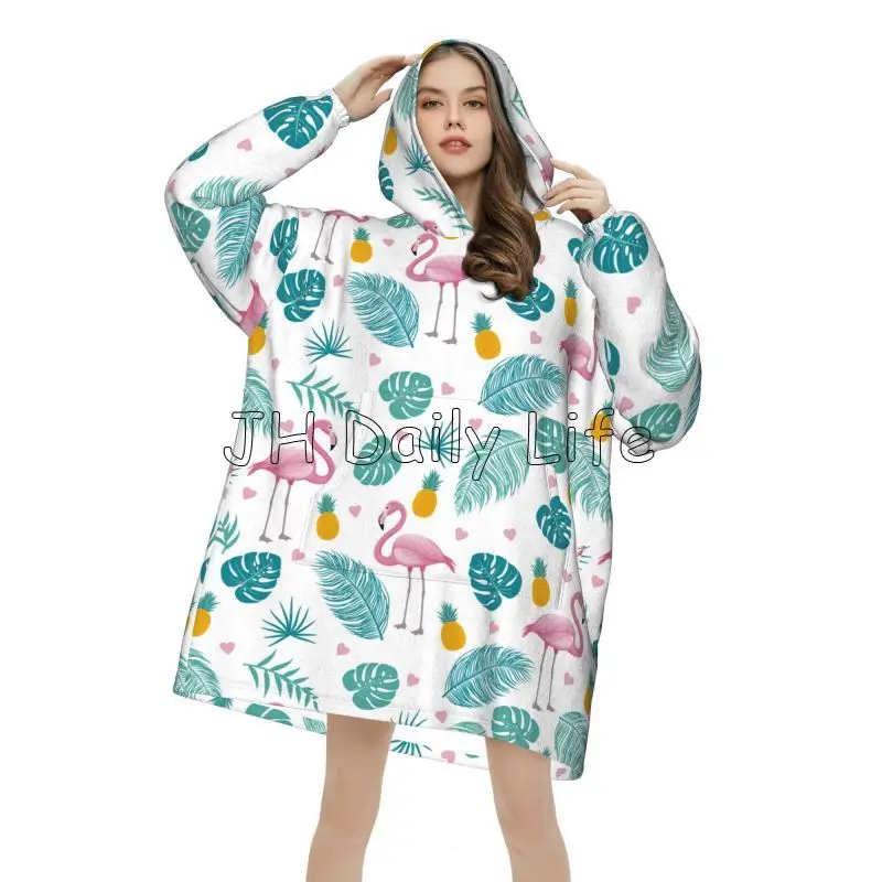 Flamingo Wearable Flannel Fleece Sherpa Blanket Hoodie Oversized Flannel Hooded Blanket Women Soft Warm Cozy Sweatshirt Pullover