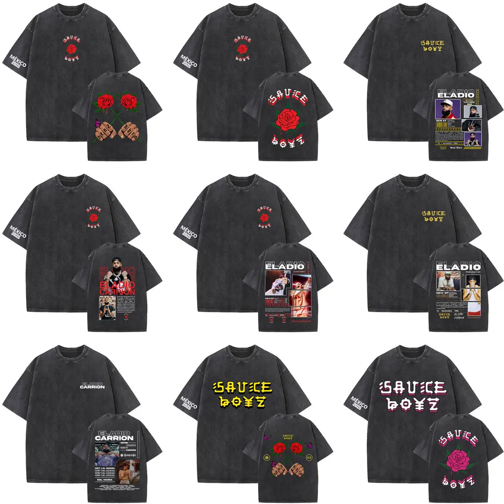 Rapper Eladio Carrion DON KBRN Sol María Monarca Sauce Boyz 2025 Retro Washed T Shirt Men Hip Hop Oversized T-shirt Streetwear