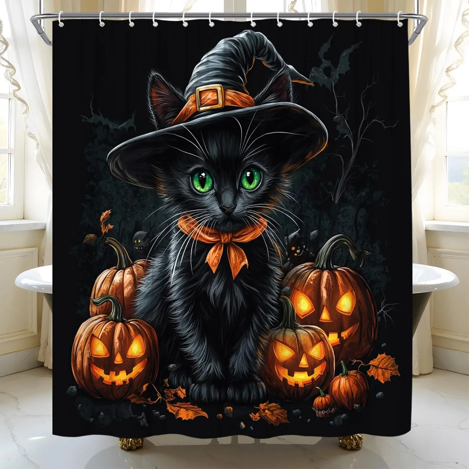 

Волшебная занавеска для душа с черным котом, готический Хэллоуин, ужас, тыква, мертвое дерево, жуткий гот, мультяшная ткань, декор для ванной комнаты (70 дюймов WX70 H)