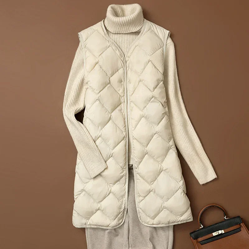 Autumn Quilted Duck Down Vest Ultra Light Thin Jacket Women Winter Feather Long Warm Basic Casual  Waistcoat 2059