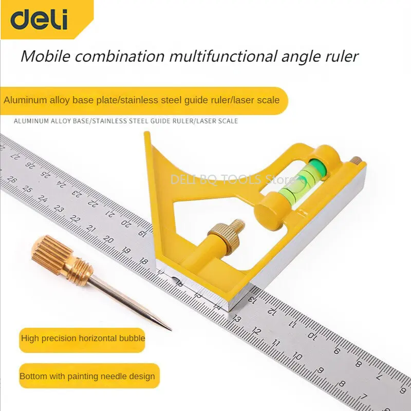 

DELI 12 inch 300mm Adjustable Combination Square Angle Ruler 45 / 90 Degree with Bubble Level Multi-functional Measuring Tools