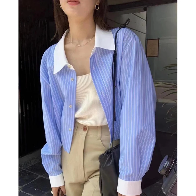 Chic Autunno Lungo Sve ort irt Colletto da donna a righe Coreano Sle Pendolarismo Faion Button up Casual Loose Fit irt