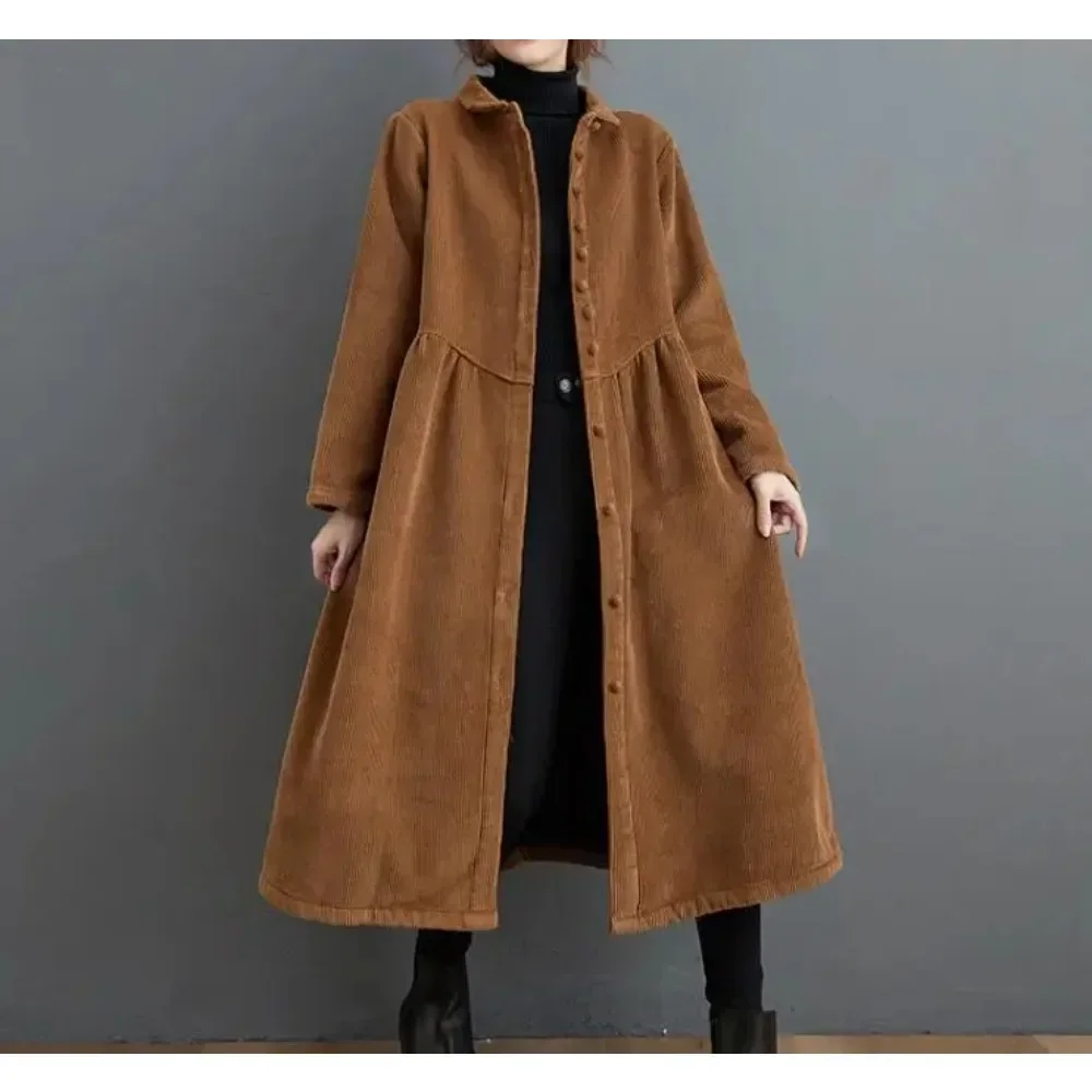 DAILOU 2024 Winter Women Trench Fleece Long-sleeved Loose Corduroy Solid Color Vintage Fashion Casual Women Long Warm Coat