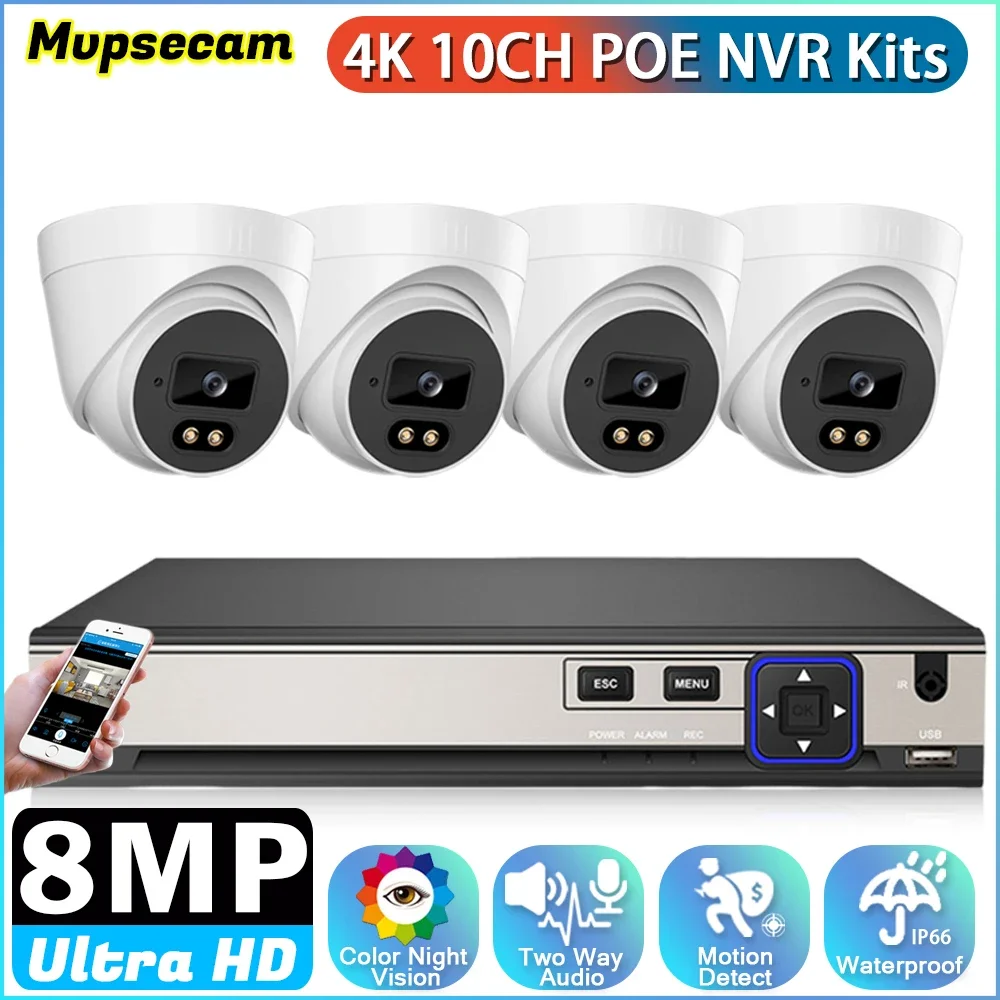 4K CCTV POE IP Dome Camera System 2 Way Audio Color Night Vision Indoor Home CCTV Security Camera System Set 8MP 4CH POE NVR Ki