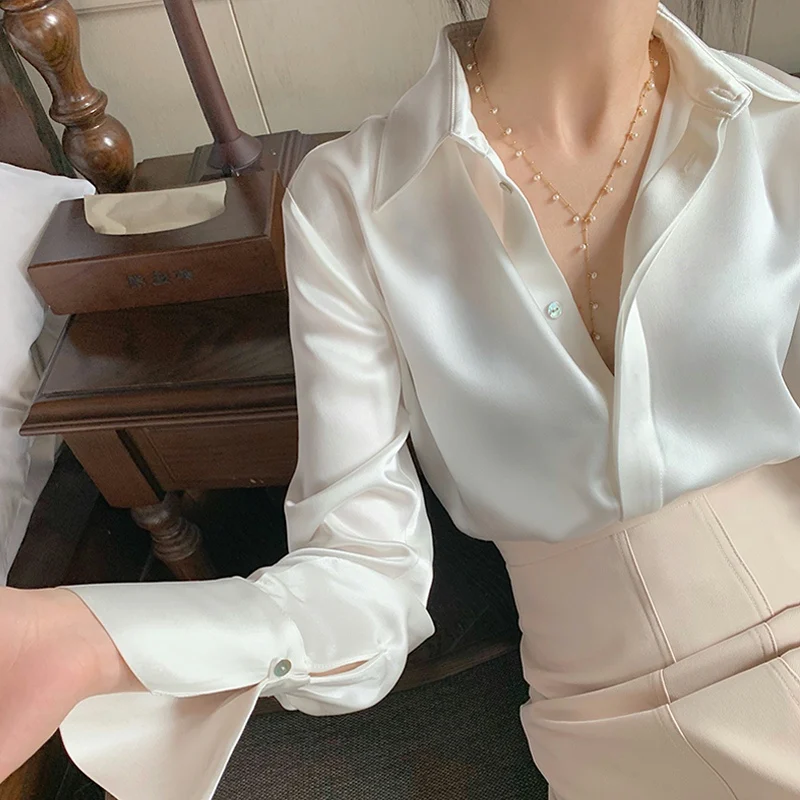 

Women's Satin Blouse Long Sleeve French Fashion Solid Color Shirts Office Lady Clothes Elegant Woman Shirts Korean Ladies Wear