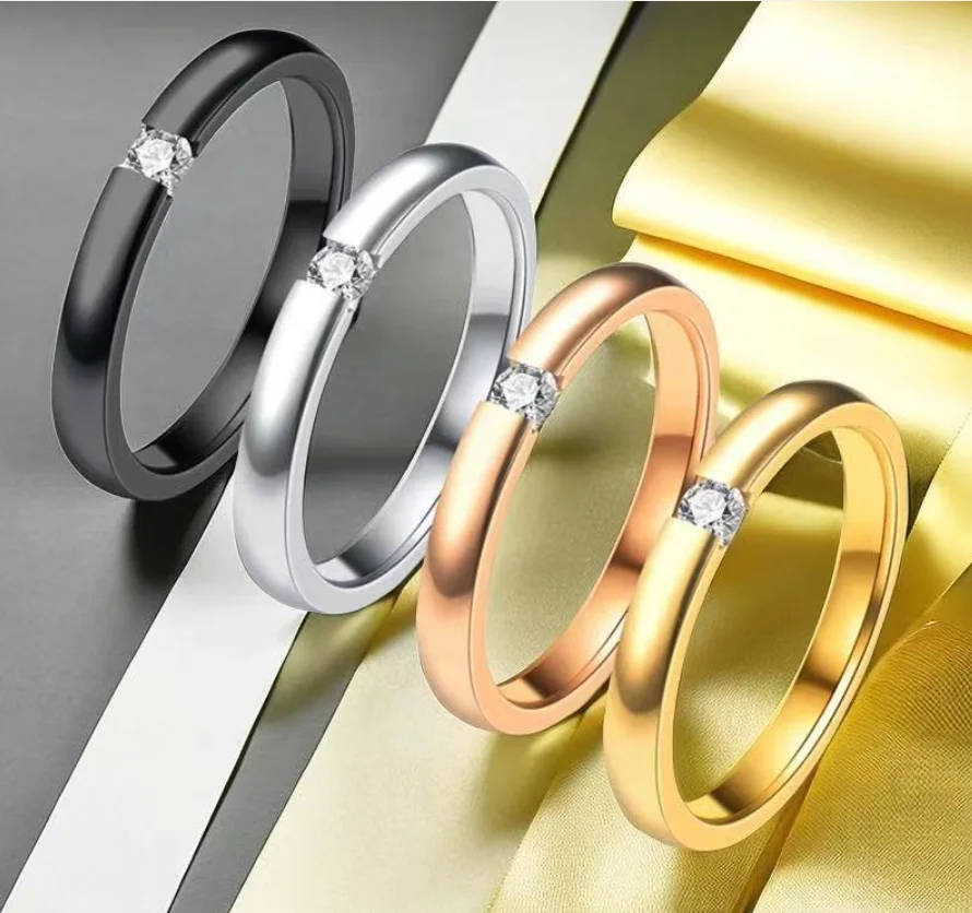 3mm Thin Stainless Steel Solitaire Ring for Women Elegant CZ Stone Engagement Wedding Band Party Jewelry for Ladies