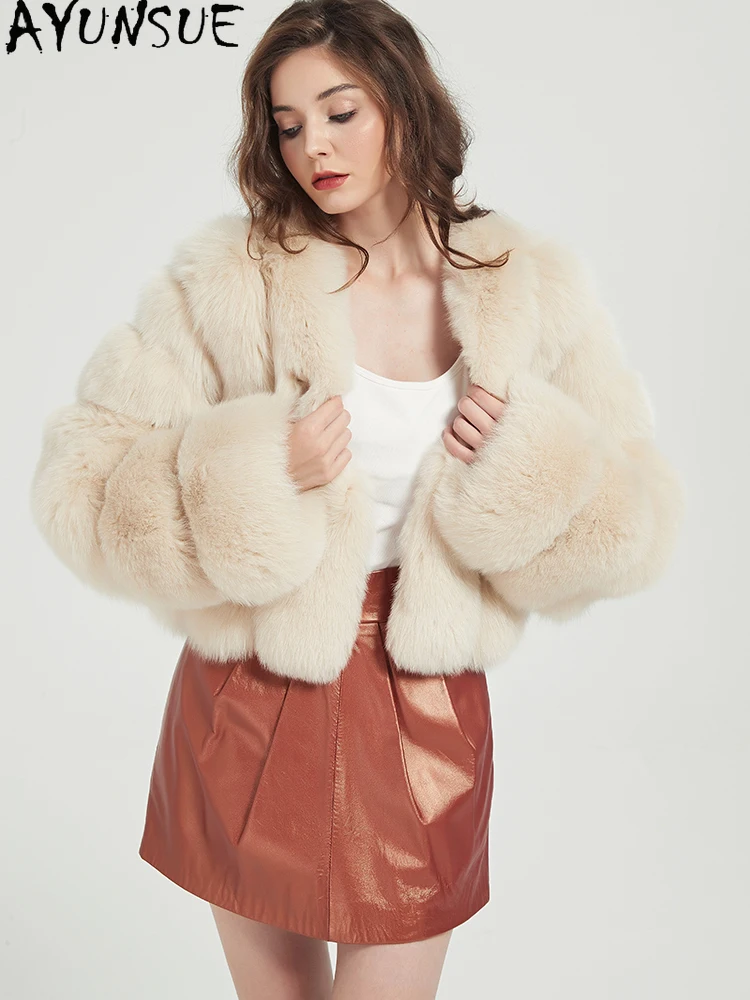 Płaszcz damski z naturalnego futra lisa AYUNSUE, cały z futra lisa, zimowe ciepłe płaszcze damskie z prawdziwego futra, nowość w kategorii płaszczy, krótki fason, Casaco Feminino