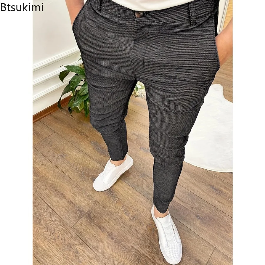 New Men's Solid Color Slim Trousers Fashion High Elastic Classic Casual Pants Men Business Office Work Versatile Pencile Pants