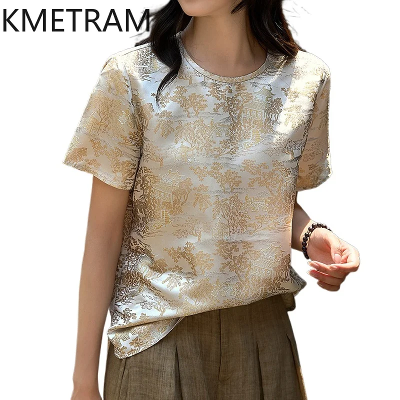 KMETRAM 28% Mulberry Silk Women T Shirts New Chinese Style Summer Tops Real Silk Blended Jacquard T Shirt 2026 Woman Clothes топ
