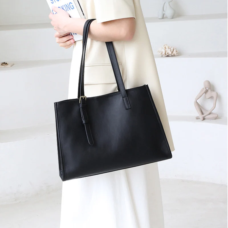 Fashion Female Genuine Leather Shoulder Bags Large Capacity Lady Horizontal Square Tote Bag Solid Color Women Commute Handbag