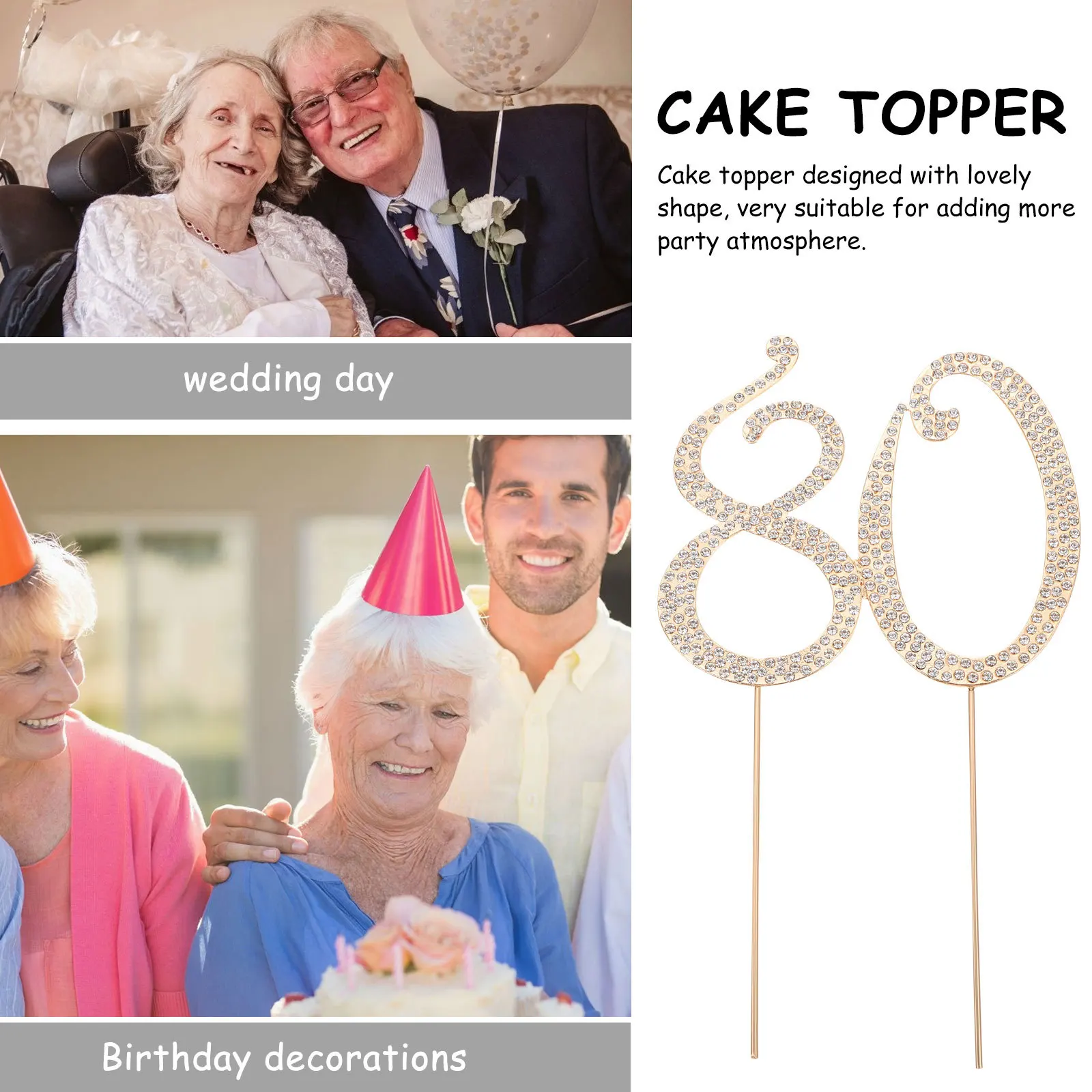 

80th Birthday Cake Topper Rhinestone Alloy Crystal Glitter Party Decoration Charming Insert Ornament Cake Topper