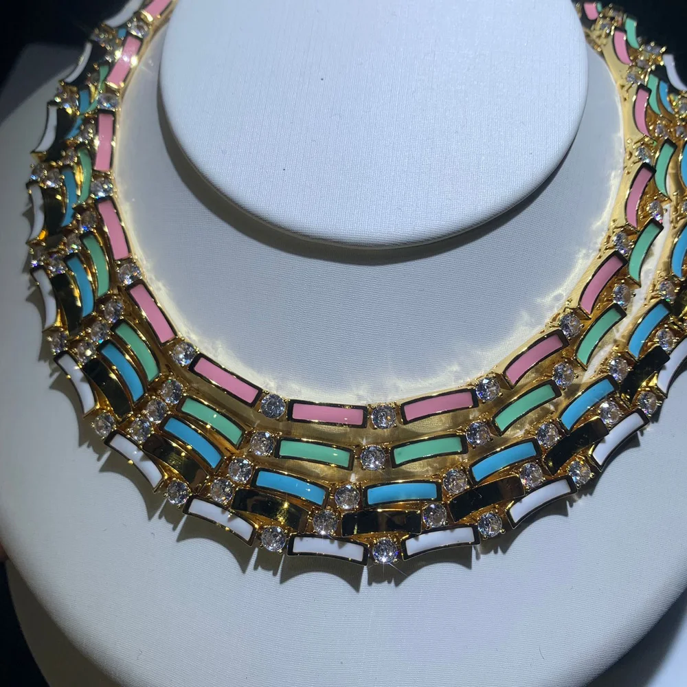New Pink White Green Blue Colorful Enamel Tennis Necklaces for Women Micro Paved Cubic Zirconia Gold Color Party Fashion Jewelry
