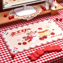 GeekShare Cherry Kitty Mouse Pad Wrist Rest Set,Rectangular Kawaii Gaming Mouse Mat with Bow-Knot Wrist Cushion