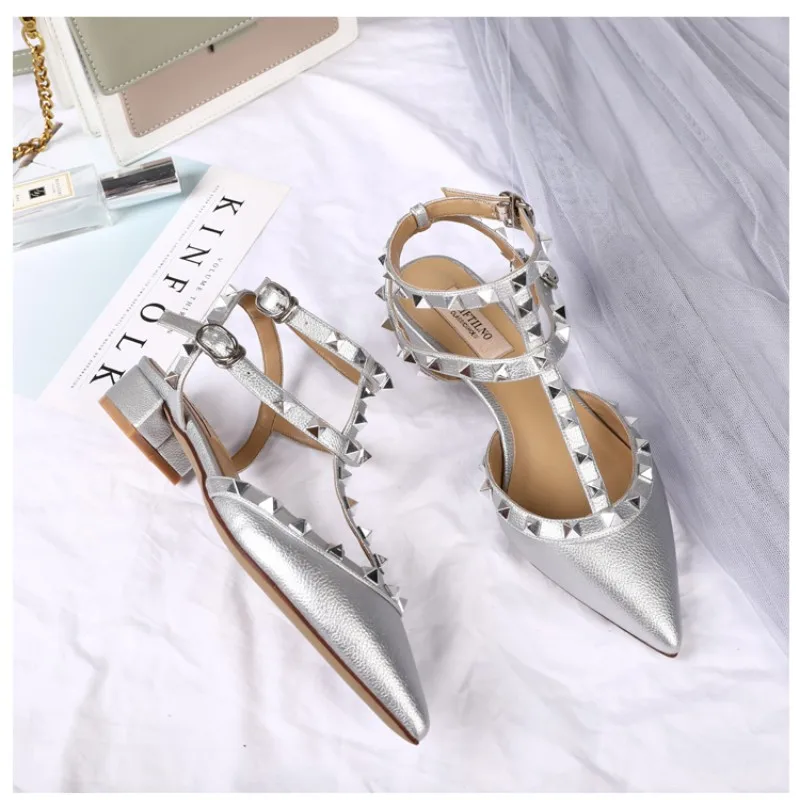 Luxury High Quality Pointed Rivet Sandals Pumps 2023 Genuine Leather New Versatile Bare Feet Lace Up Square Heels Women\'s Shoes