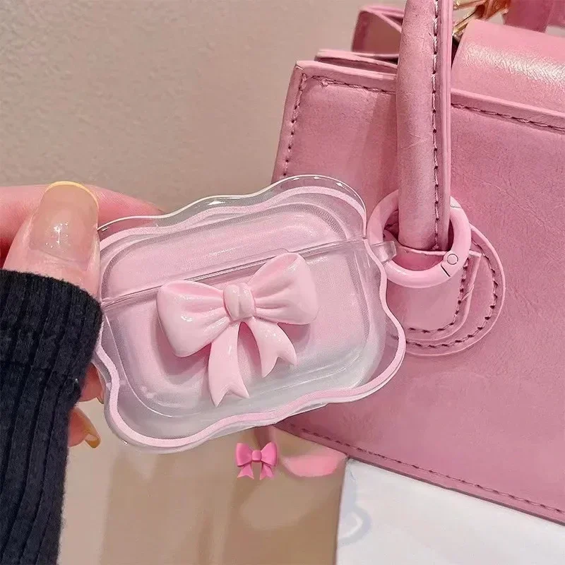 3D Bow Wave Case for Apple AirPods 1 2 Case Pink Floral Girls Cover for AirPods Pro Wireless Box with Keychain