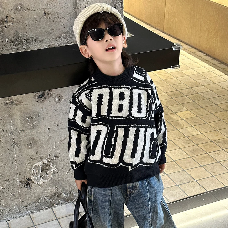 

Повседневный свитер для мальчиков с крупными буквами, осенне-зимняя новинка, детская базовая футболка, топ из смесового хлопка и полиэстера, с длинным рукавом
