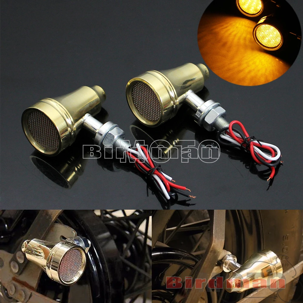 

For Harley Cruiser Cafe Racer Chopper Custom Motorcycle Old School Brass Turn Signals Mesh Grill Indicators Light Golden Blinker