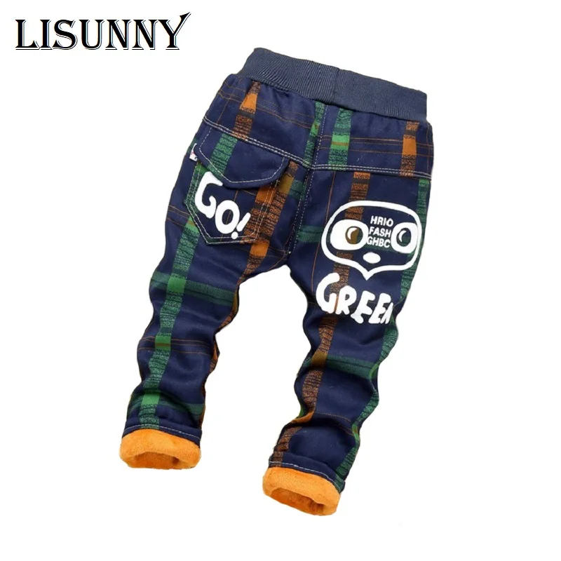 2024 Baby Boys Pants Plaid Cartoon Autumn Winter Children Thick Warm Cotton Pant Kids Casual Cotton Trousers Soft Boy Jeans 0-2y