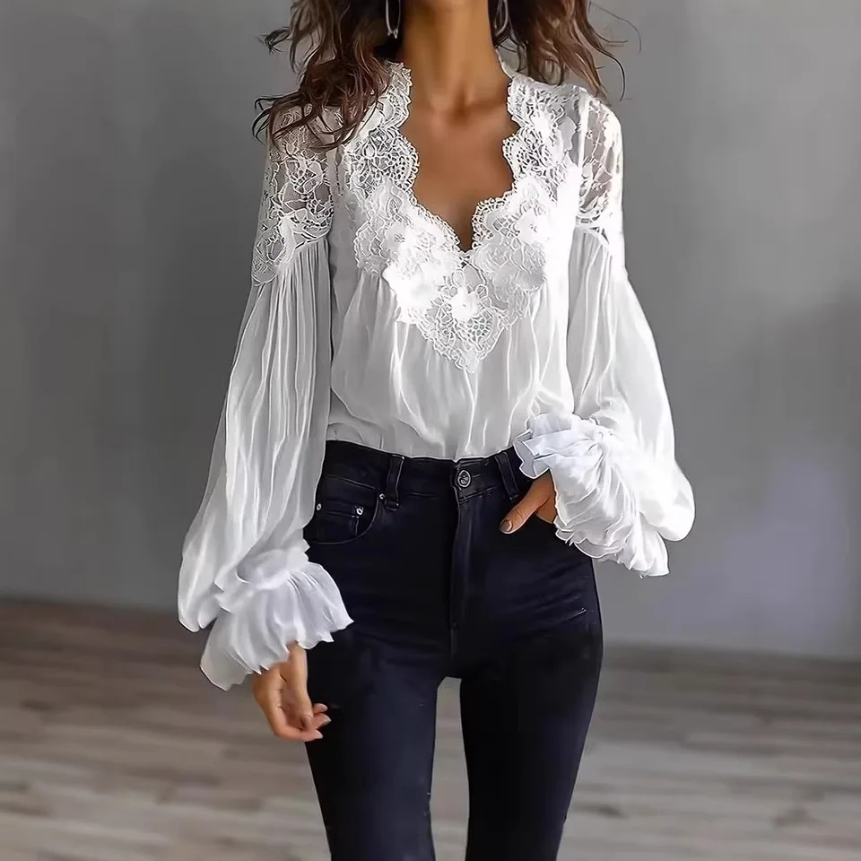 

Spring Womens Solid Color Elegant Sexy V Neck Lace Splicing Lantern Sleeve Blouse Office Commuter Chic Fashion Tops Shirt