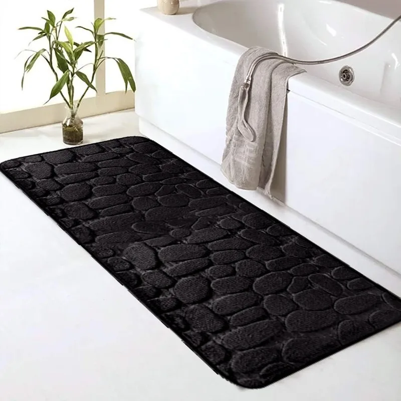 Lange Badezimmermatte, schwarze Kieselstein-Textur, rutschfeste Bodenmatte, wasserabsorbierend, weich, verschleißfest, geeignet für Badezimmerdekoration