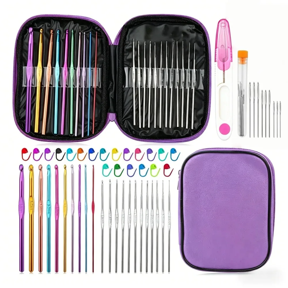 54-teiliges All-in-One Häkelnadel-Set mit tragbarem violettem Etui, ergonomische Stricknadeln, Maschenmarkierer, Nähwerkzeug-Kit