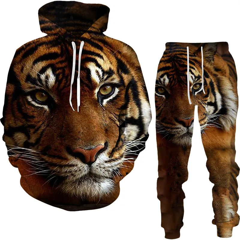 Jungle Tiger Head Print Hoodie 2 Pcs Outfits 3D Men/Women Hooded Sweatshirt Pant Sets Summer Autumn Outdoor Sport Pullover Suits