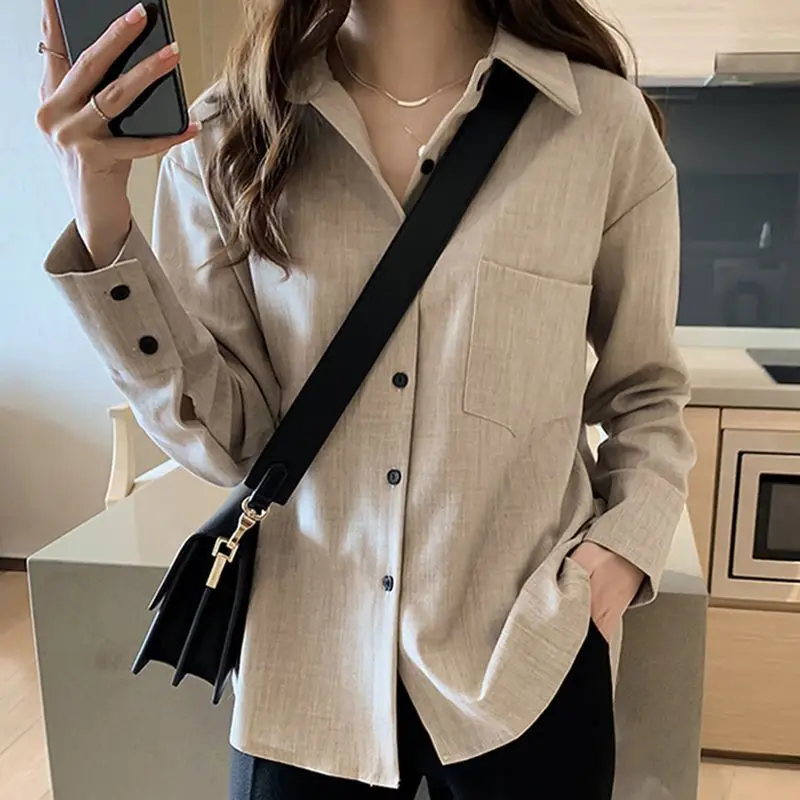 QWEEK Korean Style Office Shirts Solid Color Elegant Youthful Loose Basic Blouses for Women Long Sleeve Button Up Clothes Autumn