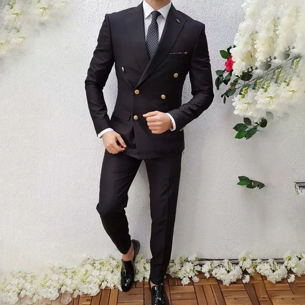 

Black Suits for Men Fashion Peak Lapel Double Breasted 2 Piece Smart Casual Formal Wedding Tuxedo Blazer with Pants