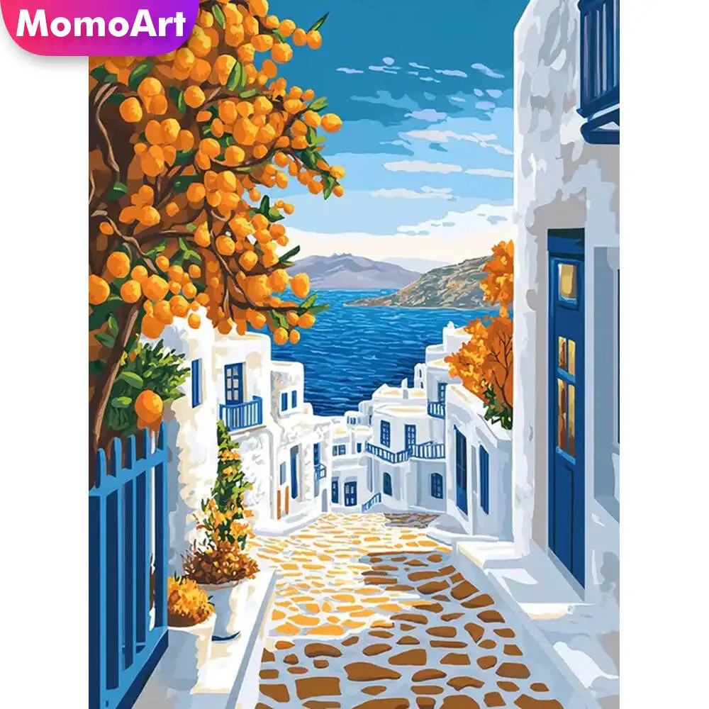 Momoart DIY Diamond Mosaic Street Landscape New Arrival House Diamond Painting Seaside Acrylic Craft Supplies Handmade Hobby