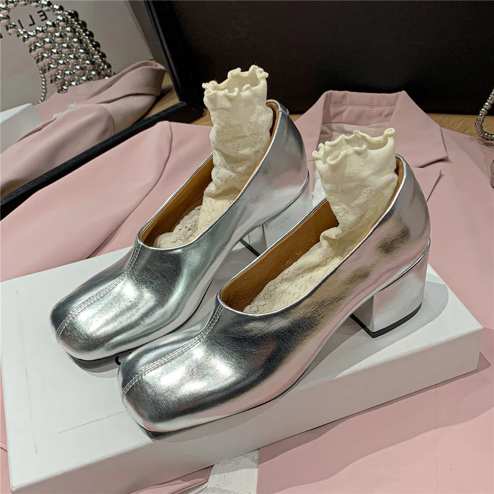 MILI-MIYA Fashion Square Toe kobiety skóra bydlęca Sliver pompy grube obcasy Slip On Solid Color Big Size 34-42 buty wiosenne jesienne