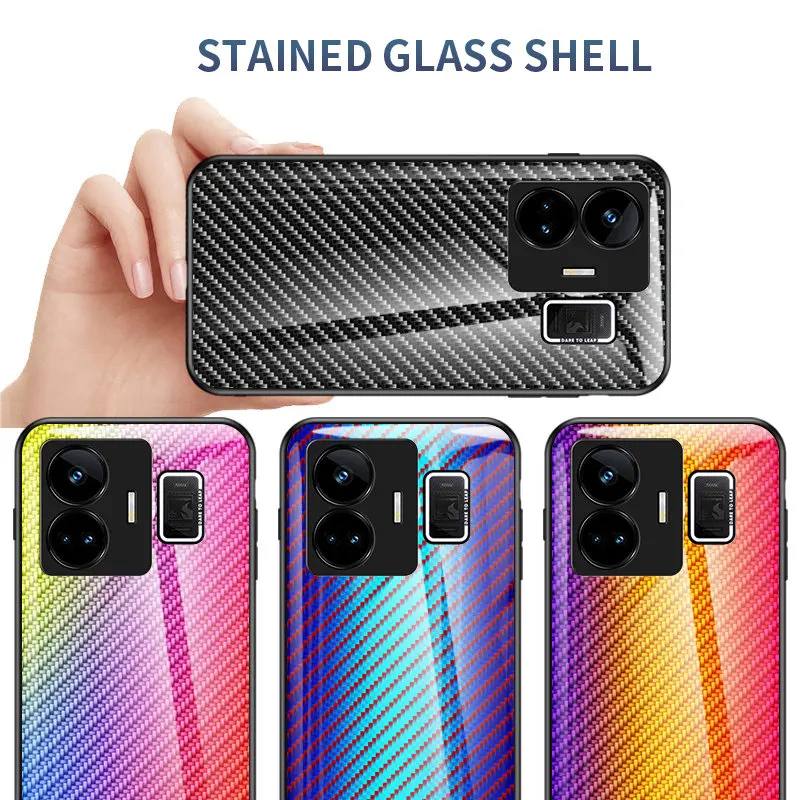 Realme GT Neo 5 RMX3706 Case Carbon Fiber Tempered Glass Hard Back Cover Phone Case Silicone Bumper for Realme GT Neo 5 RMX3706